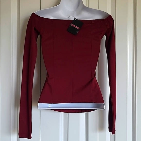 BNWT Dark Red Off Shoulder Long Sleeve Shirt (XS) - Picture 2 of 4